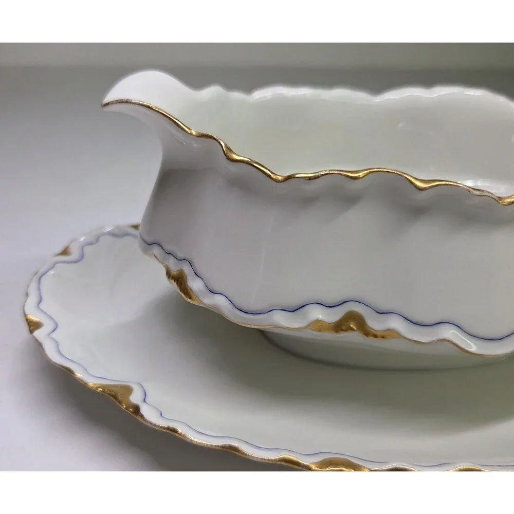 Antique Haviland Limoges Gravy Boat With Attached Under Plate Gold Blue France